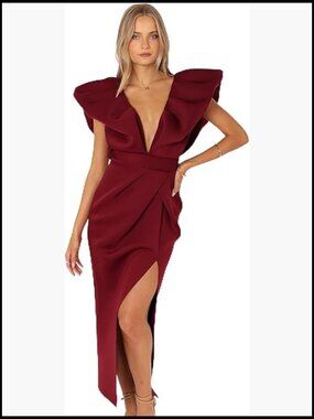 Maxi Dress with Frill Shoulder Plunging V Neck Open Back Formal